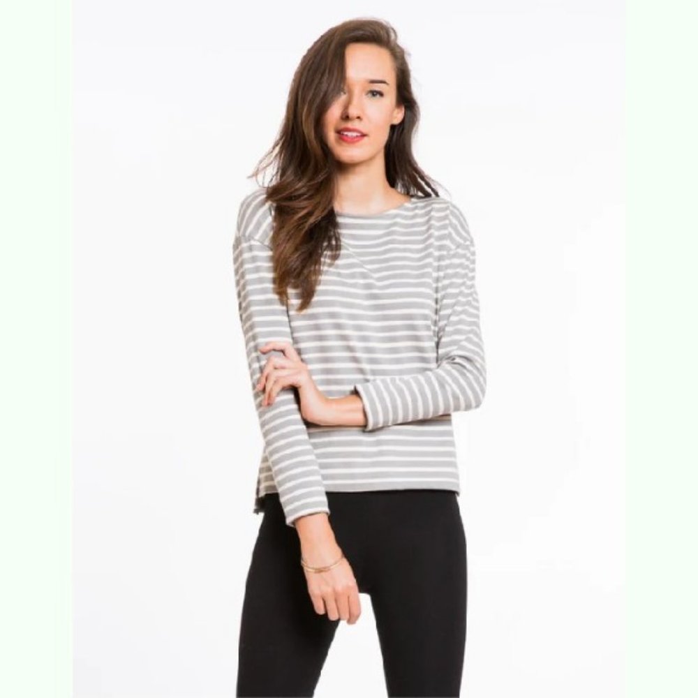 MARINE LAYER woman's size large L Breton striped gray white pullover top shirt